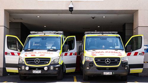 Victoria Ambulances are seen at the St. Vincent Hospital