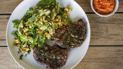 Recipe:&nbsp;<a href="http://kitchen.nine.com.au/2017/08/31/16/26/barbecue-scotch-fillet-marinated-with-garlic-anchovy-and-vincotto" target="_top">Barbecue scotch fillet marinated with garlic, anchovy and vincotto, served with grilled zucchini, snap peas and corn salad</a>
