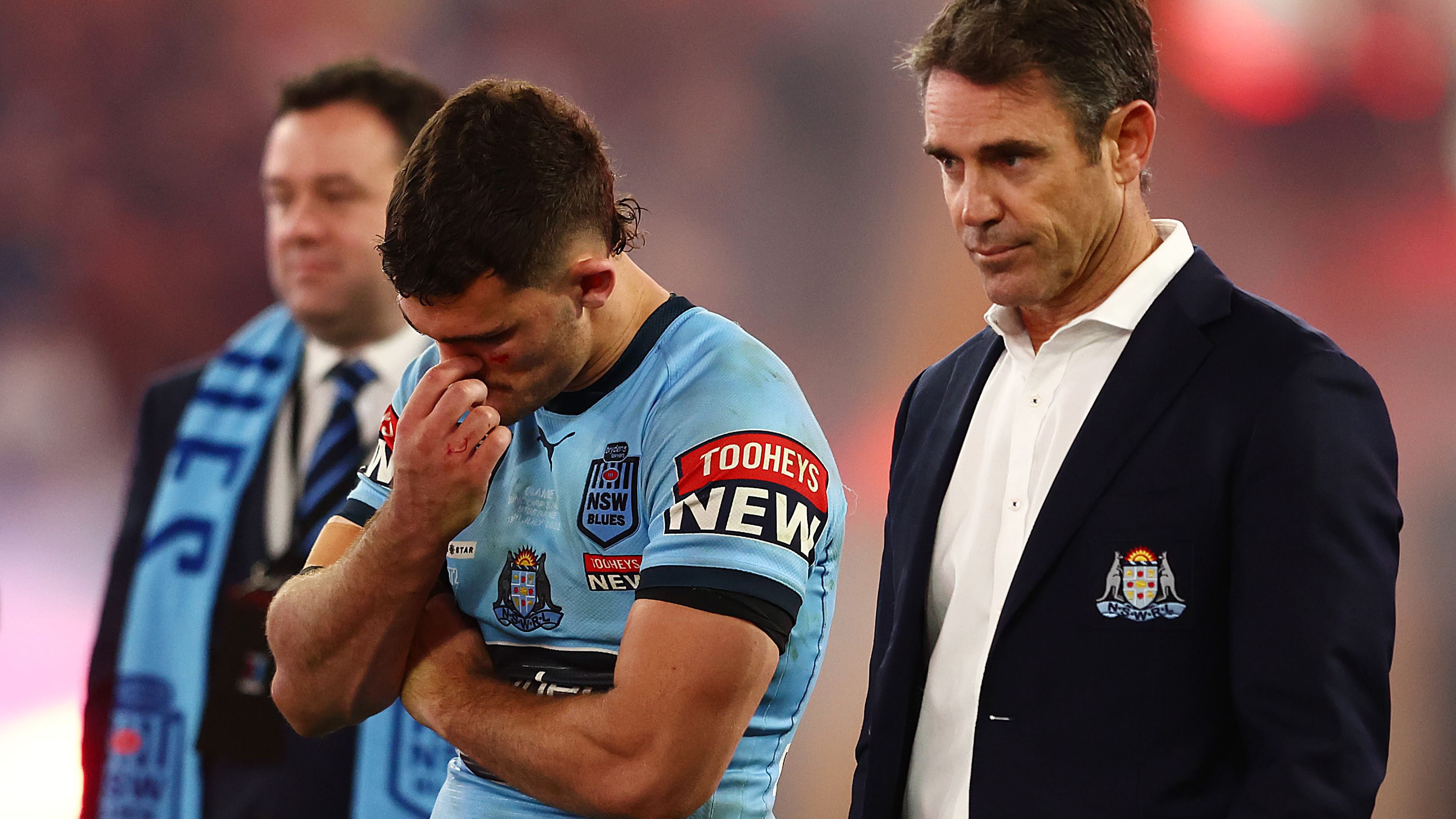 Blues coach Brad Fittler looks on with dismay on after losing game three of the State of Origin series.
