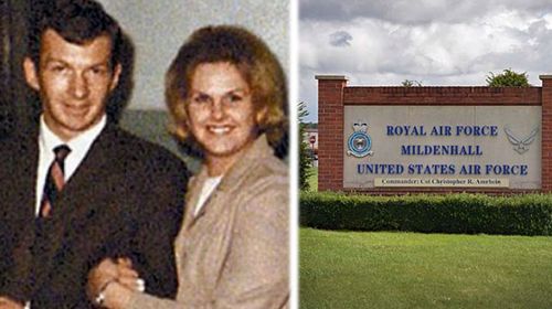 Paul Meyer and his wife known today as Mary Ann Jane Goodson. Right: the Mildenhall air base in eastern England where Meyer was based. 