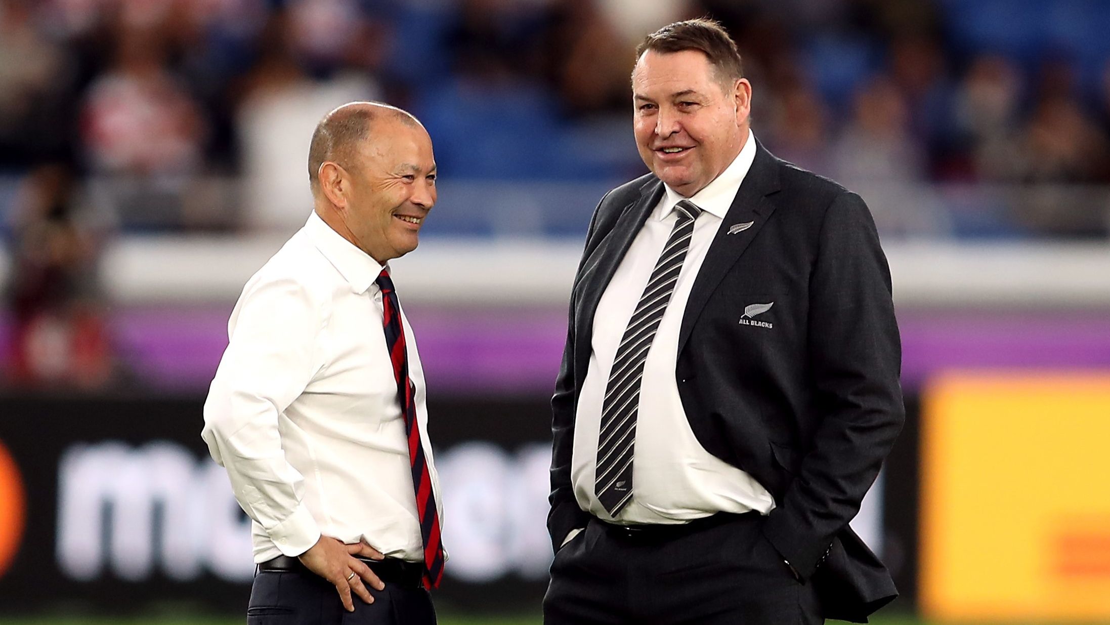 Then-England coach Eddie Jones (left) and New Zealand coach Steve Hansen at the 2019 Rugby World Cup.