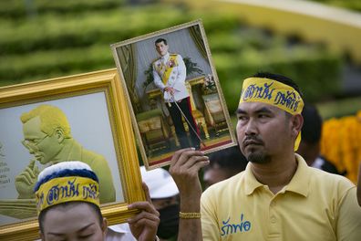 Pro-monarchy protesters attend a rally on October 21, 2020 in Bangkok, Thailand. 