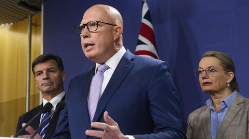 Opposition Leader Peter Dutton at a press conference with Angus Taylor and Sussan Ley.