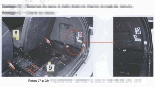 Official police photographs documenting where dogs searched in the McCann rental car, and where DNA samples were taken from.