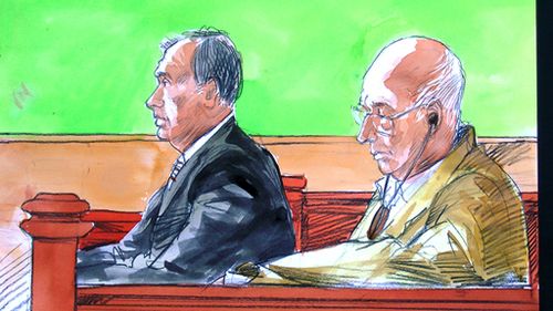 Glen McNamara and Roger Rogerson in a court sketch from today's hearing. (9NEWS)
