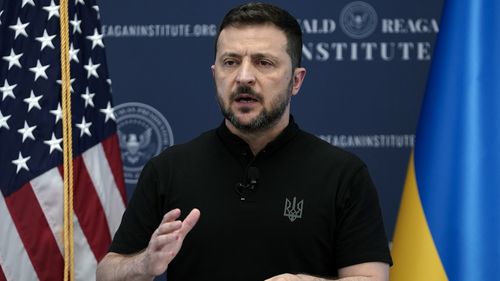 Ukrainian President Volodymyr Zelenskyy speaks at the Ronald Reagan Institute