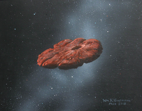 Artist's concept of the 'Oumuamua interstellar object as a pancake-shaped disc. Credit: William Hartmann