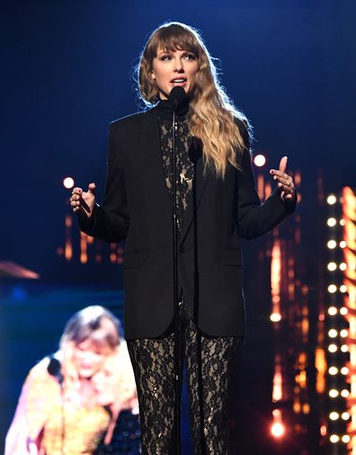 Taylor Swift speaks onstage during the 36th Annual Rock & Roll Hall Of Fame Induction Ceremony at Rocket Mortgage Fieldhouse on October 30, 2021 in Cleveland, Ohio. 