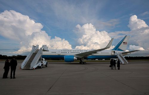 Air Force One sits on the tarmac at Tuscaloosa National Airport.