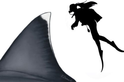 An artist's depiction of a human beside a megalodon shark's fin.