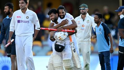 Rishabh Pant of India celebrates victory with his team mates after day five of the 4th Test Match in the series between Australia and India at The Gabba on January 19, 2021 in Brisbane, Australia.