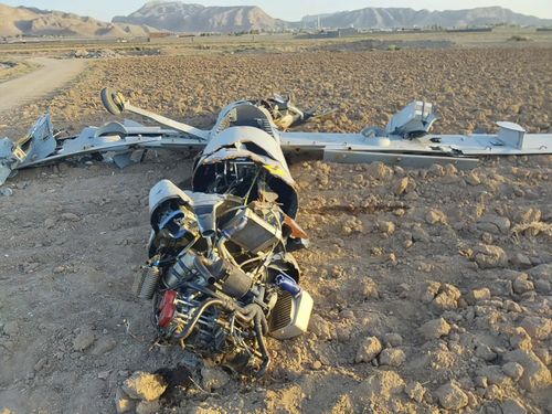 This picture released on Wednesday, June 18, 2025, by the Iranian armed forces claims to show an Israeli drone after being targeted in the central city of Isfahan area, Iran. (Iranian Armed Forces via AP)