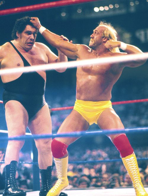 Hulk Hogan vs Andre the giant Wrestlemania Vl at Historic Convention Hall in Atlantic City, New Jersey in March 1988.
