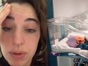 Left: Screenshot of woman telling story on TikTok. Right: Babies in bassinets lined up in the hospital.