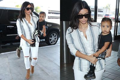 Classic pinstripe pants, chunky black boots and a <I>very</I> pricey YSL purse... perhaps Kimye can just adopt us?<br/>