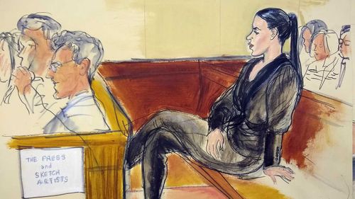 A courtroom sketch of Emma Coronel Aispuro during El Chapo's trial.