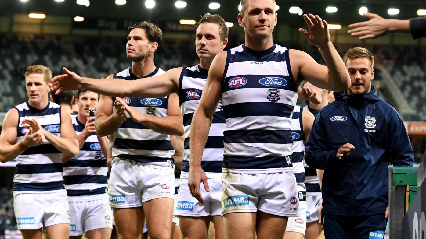 Geelong Cats celebrate their win during the Round 4 AFL match between the Geelong Cats and the St Kilda Saints at GMBHA Stadium in Geelong, Sunday, April 15, 2018. 