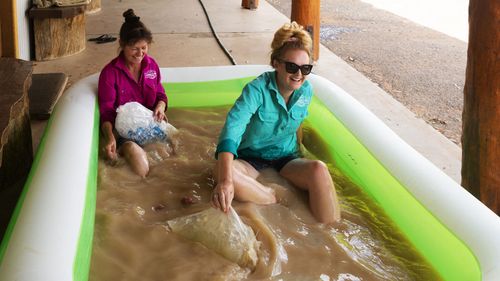 Shindy's Inn owner Kath Barnes and Jasmin Kew relax in a blow up pool full of muddy tap water from the Darling River.