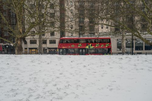 A red bus drives past the white-topped Hyde Park. Picture: AAP