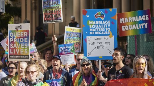 Protesters are seen during a marriage equality rally outside Sydney's Town Hall in the CBD yesterday. (AAP)