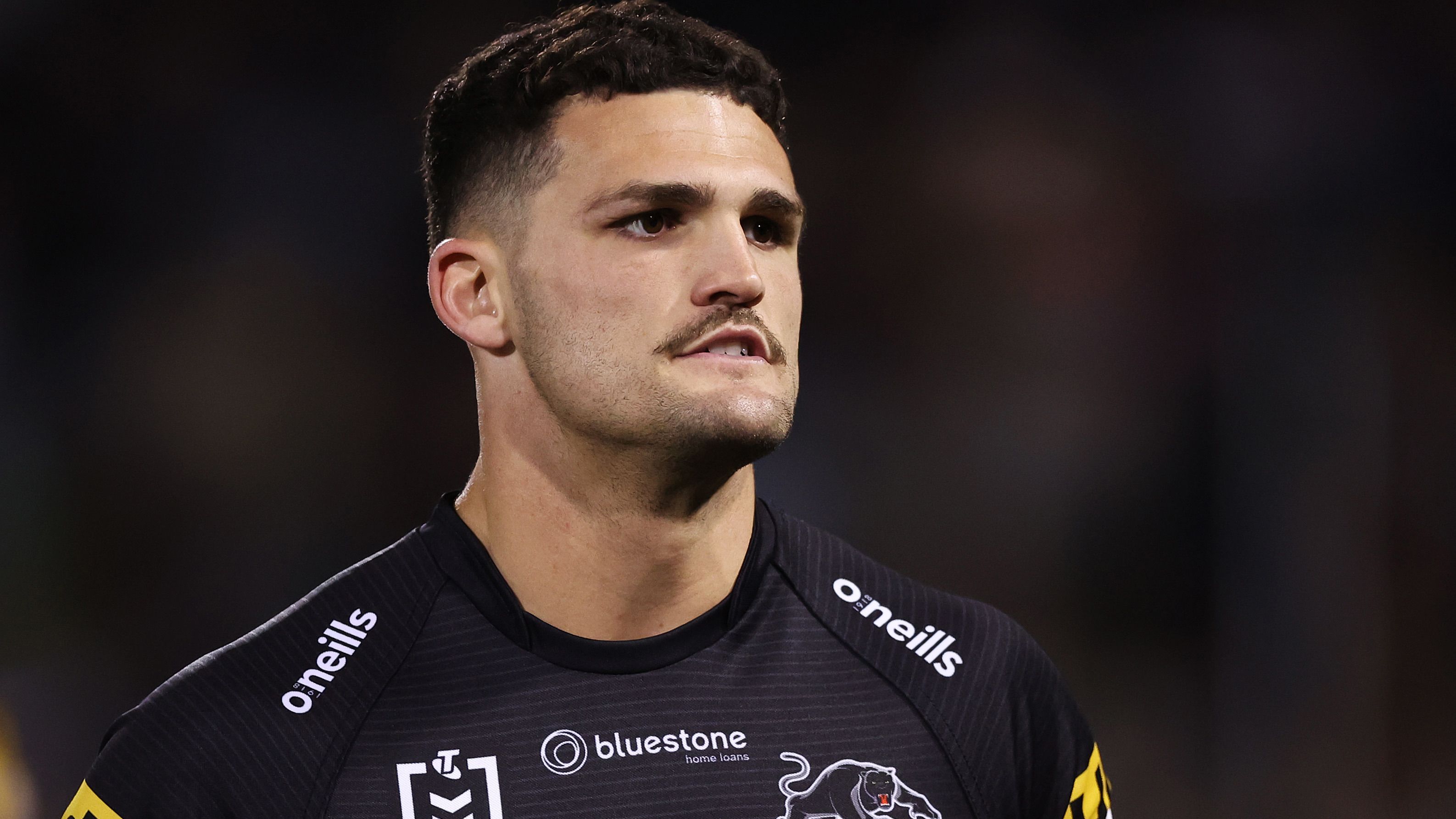 PENRITH, AUSTRALIA - AUGUST 24:  Nathan Cleary of the Panthers warms up during the round 26 NRL match between Penrith Panthers and Parramatta Eels at BlueBet Stadium on August 24, 2023 in Penrith, Australia. (Photo by Mark Metcalfe/Getty Images)