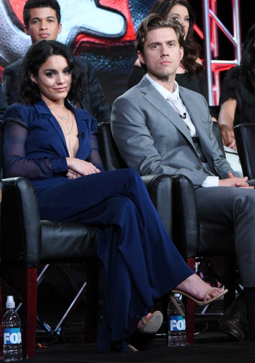 Vanessa Hudgens, left, and Aaron Tveit participate in a panel for "Grease: Live" at the Fox Winter TCA. (AAP)