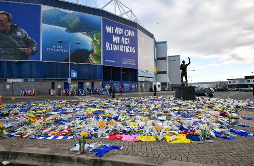 loral tributes dedicated to missing footballer Emiliano Sala outside the Cardiff City Stadium