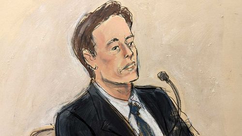 In this courtroom sketch Tesla CEO Elon Musk testifies in a courtroom in Wilmington, Delaware, today.