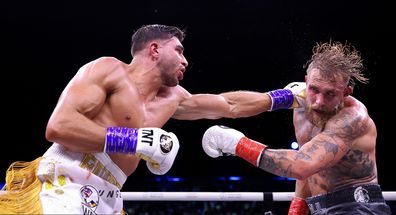 RIYADH, SAUDI ARABIA - FEBRUARY 26: Tommy Fury punches Jake Paul during the Cruiserweight Title fight between Jake Paul and Tommy Fury during the Cruiserweight Title fight between Jake Paul and Tommy Fury at the Diriyah Arena on February 26, 2023 in Riyadh, Saudi Arabia. (Photo by Francois Nel/Getty Images)