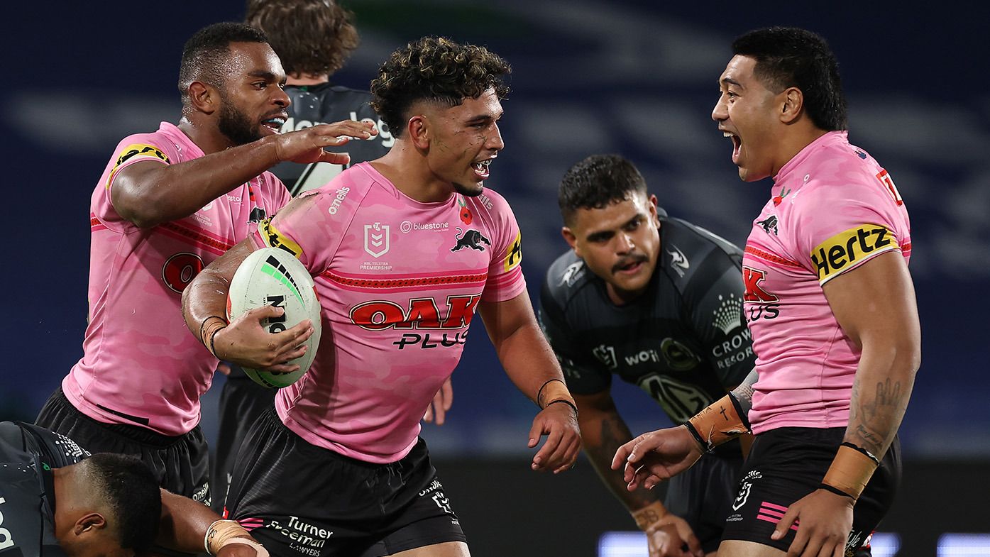 Izack Tago of the Panthers celebrates with team mates after scoring a try, which was then disallowed by the video bunker, during the round eight NRL match between South Sydney Rabbitohs and Penrith Panthers at Accor Stadium on April 20, 2023 in Sydney, Australia. (Photo by Cameron Spencer/Getty Images)