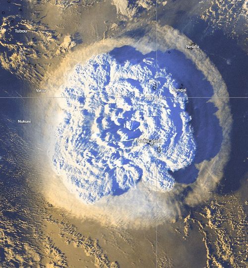 Satelitná snímka erupcie sopky Hunga-Tonga-Hunga-Ha'apai