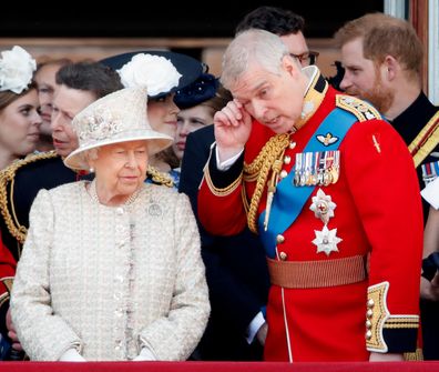 Queen Elizabeth II and Prince Andrew, Duke of York see a fly past from the balcony of Buckingham Palace during Trooping The Color, the Queen's annual birthday parade, June 8, 2019