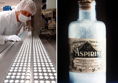 An employee of pharma company Bayer checks the production of aspirin pills in Bitterfeld, Germany (left); photo on right shows an 1899 bottle of aspirin manufactured and distributed in powder form by Bayer.