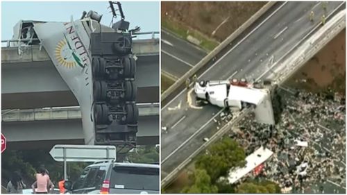 The truck dangling off the Calder Freeway.