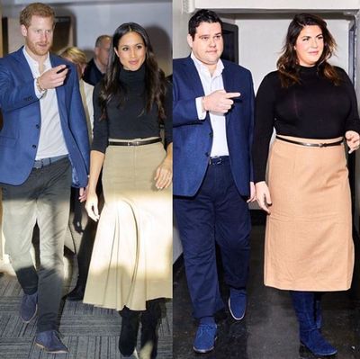 Plus-size bloggers Katie Sturino and&nbsp;Ryan Dziadul replicating Prince Harry and Meghan Markle's looks