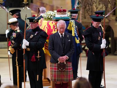 King Charles III, Prince Edward, Princess Anne and Prince Andrew, now Andrew Mountbatter Windsor, hold a vigil at St Giles' Cathedral, in honour of Queen Elizabeth II as members of the public walk past on September 12, 2022 in Edinburgh, Scotland. 