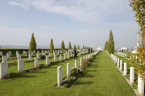 Rows and rows of diggers buried in the now beautiful rolling fields of Villiers-Bretonneaux. Picture: AAP