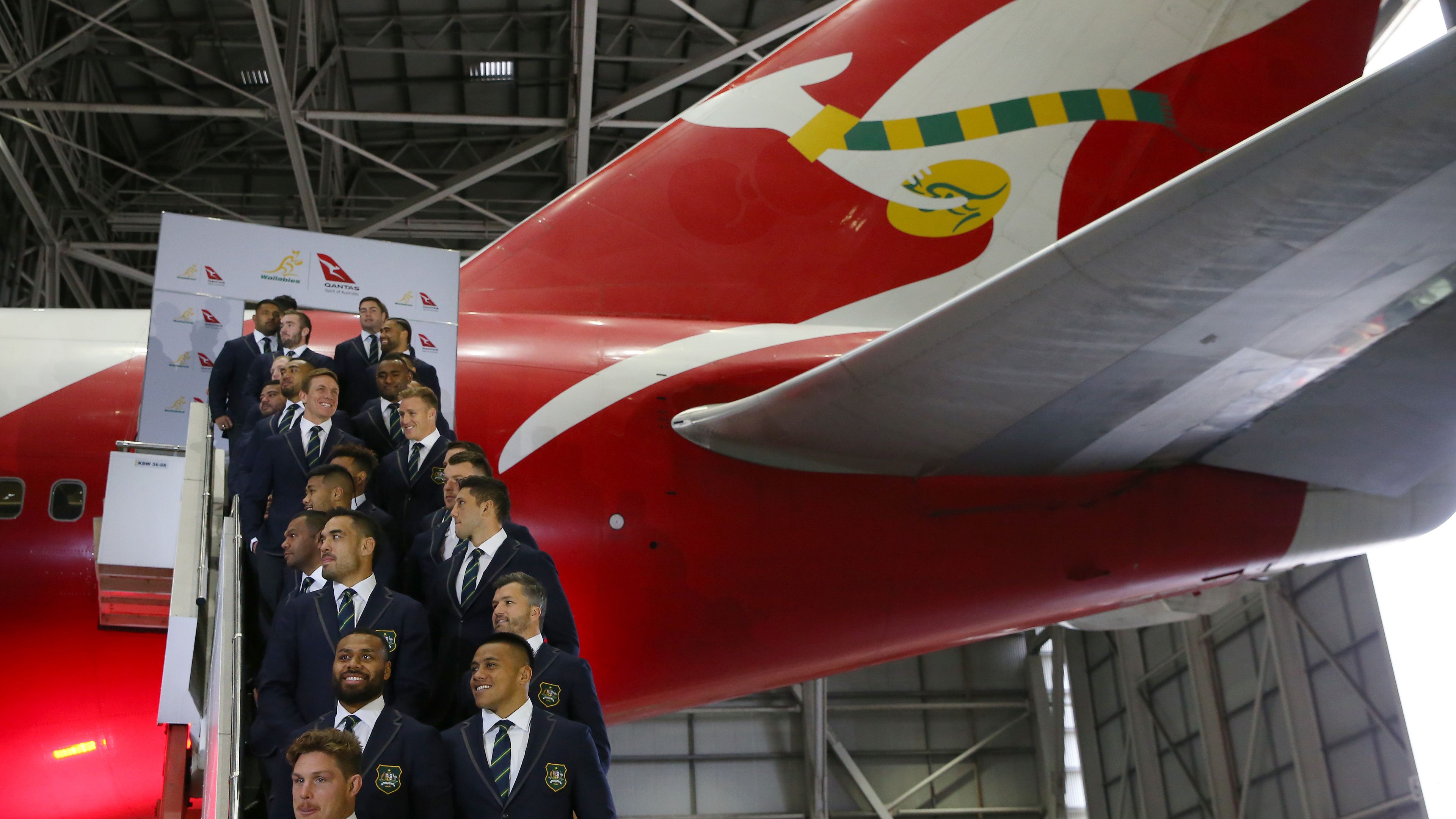 The Wallabies at a World Cup squad announcement hosted by Qantas.