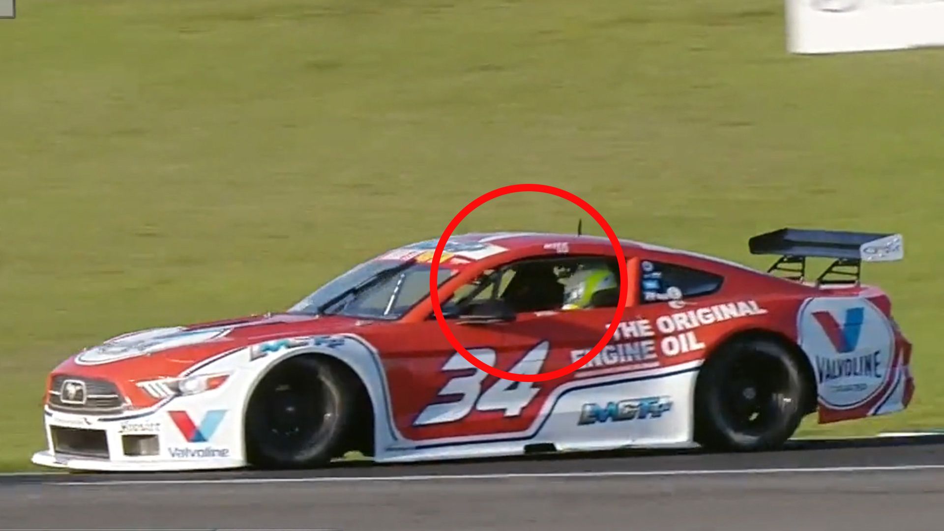 The window net of James Moffat&#x27;s Ford Mustang fell inside, meaning he had to pit to get it reattached.