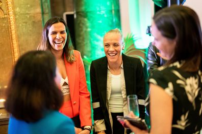Lydia Williams and members of the Matildas enjoy a reception at Australia House in London ahead of the Women's Football World Cup in Australia and New Zealand in July.