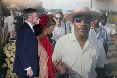 King Willem-Alexander, 1st left, and Queen Maxima,, 3rd left, of the Netherlands walk to place a wreath at the tombs of Martin Luther King Jr., and Coretta Scott King as the King's daughter Bernice King, center, during a visit to the King Cente