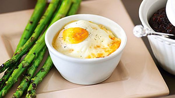 Baked Eggs with Smoked Salmon and Grilled Asparagus