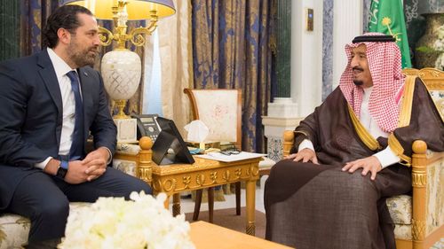 Saudi King Salman Bin Abdelaziz Al Saud (right) receives former Lebanese Prime Minister Saad Hariri in Riyadh on Monday. (AP)