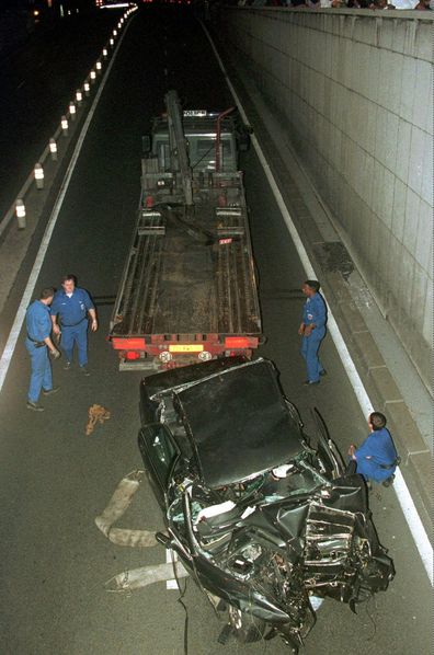 Police services take away the car in which Diana, Princess of Wales, was fatally injured early Sunday, August 31, 1997 in Paris. 