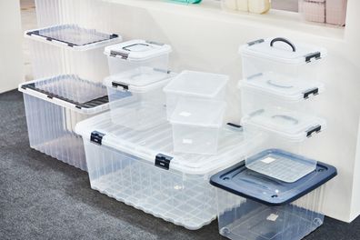 Household plastic storage containers in the store