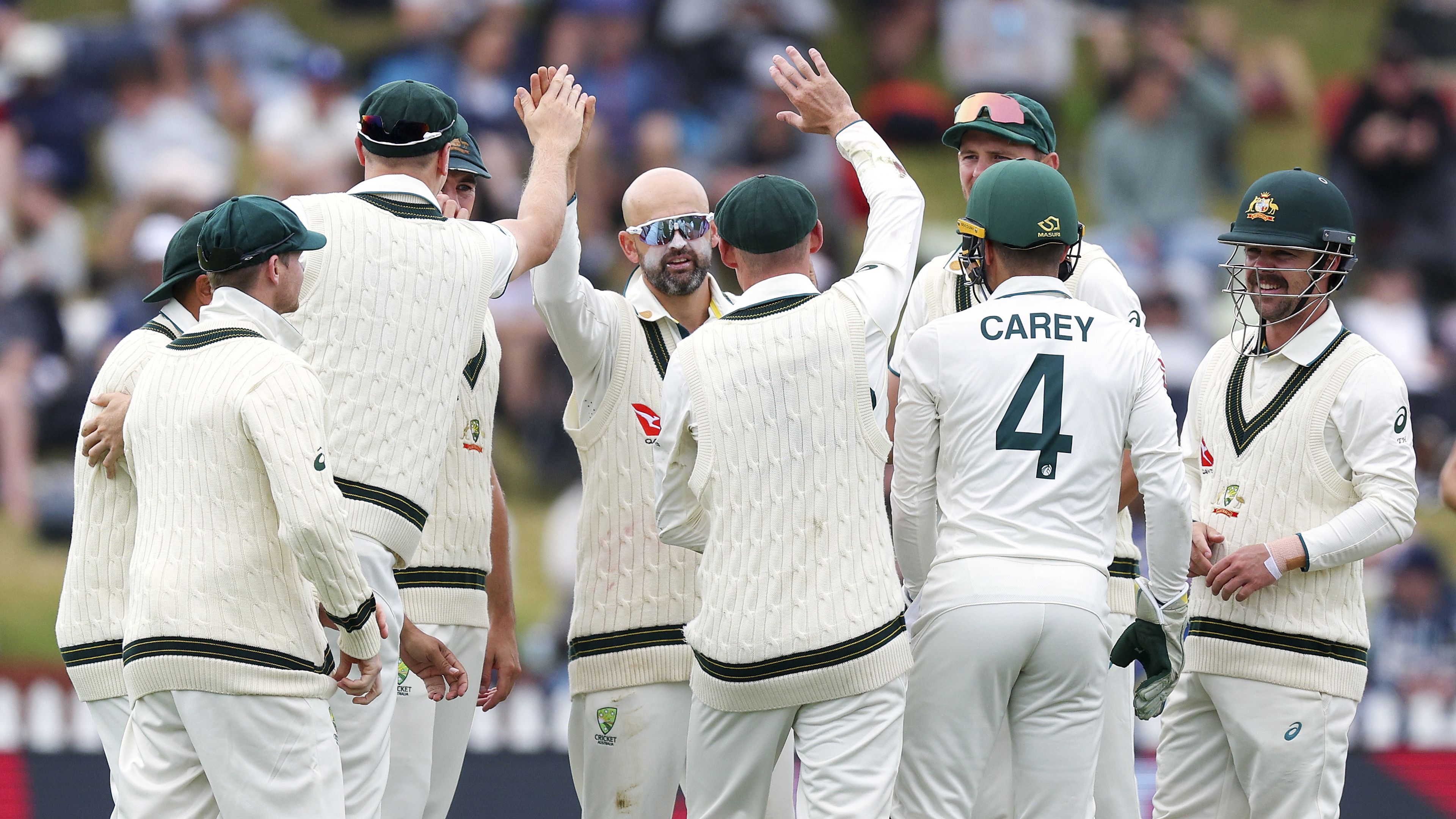 Nathan Lyon of Australia celebrates after taking the wicket of Glenn Phillips of New Zealand for a five wicket bag during day four of the First Test in the series between New Zealand and Australia at Basin Reserve on March 03, 2024 in Wellington, New Zealand. (Photo by Hagen Hopkins/Getty Images)