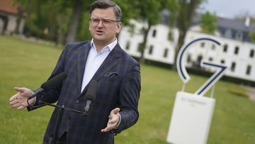 Dmytro Kuleba, Foreign Minister of Ukraine, addresses the media during a statement in front of Weissenhaus Castle during the G7 Group of leading democratic economic powers at the Weissenhaus resort in Weissenhaeuser Strand, Germany, Friday, May 13, 2022. 