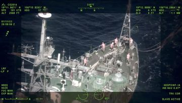 This image made from a video provided by the US Coast Guard District 14 Hawaii Pacific and dated January 2023 shows a Russian ship patrolling off the coast of Hawaii. 