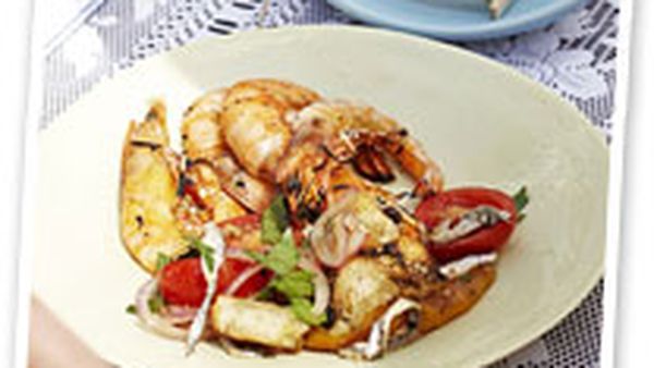 Spanish-style panzanella with BBQ prawns