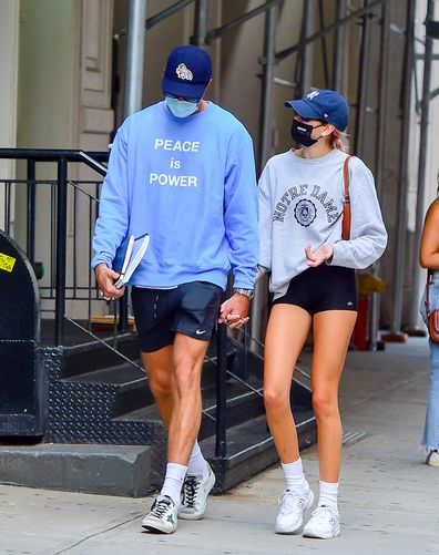 Model Kaia Gerber and Jacob Elordi are seen walking in soho on September 11, 2020 in New York City. 